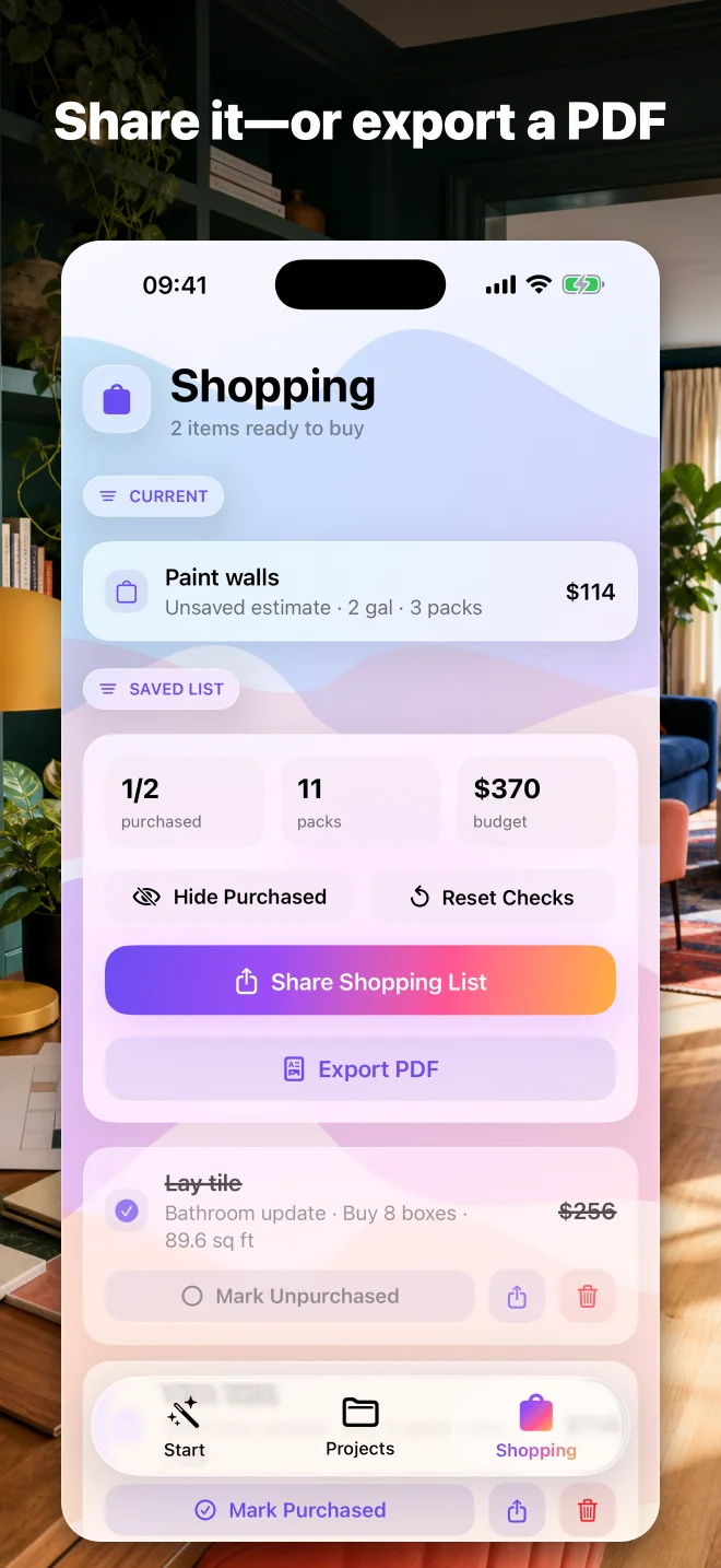 FixCalc shopping list PDF export