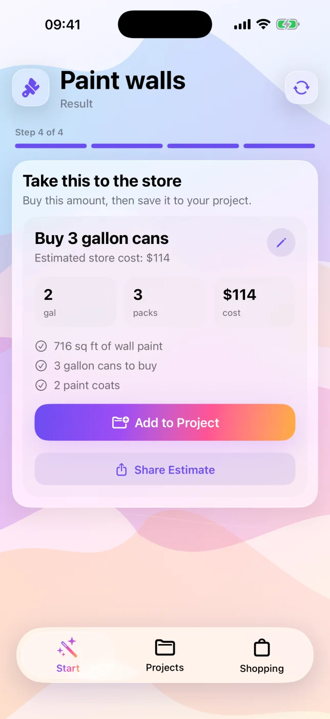 FixCalc paint estimate showing quantity, packages, and cost